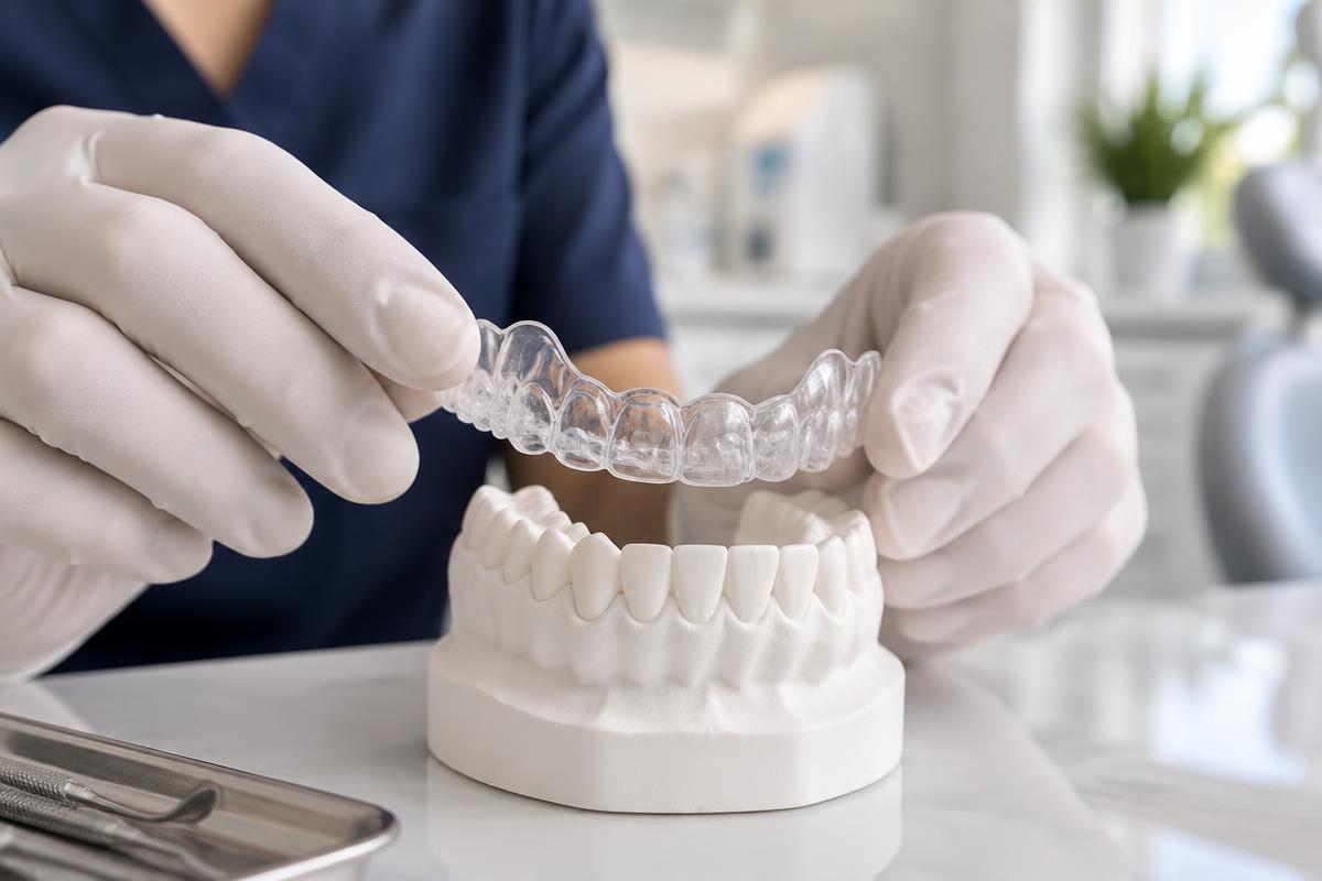 Alinhador ortodôntico transparente sobre modelo dental